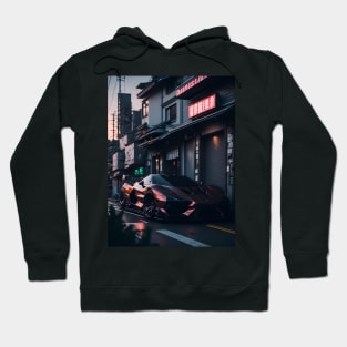 Dark Sports Car in Japanese City Hoodie